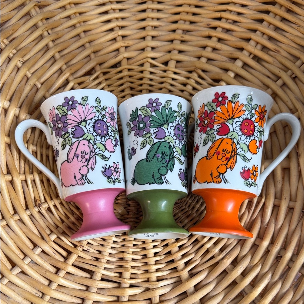 Vintage Pia pink bunny and flowers footed mugs